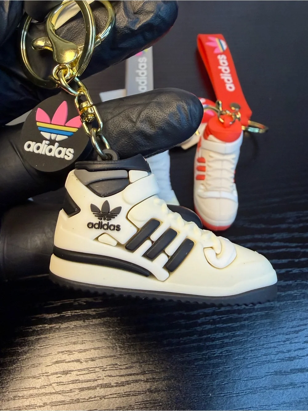4Pcs Adidas Mini Sneaker Keychain Set - White with Red, Black, Gray Accents